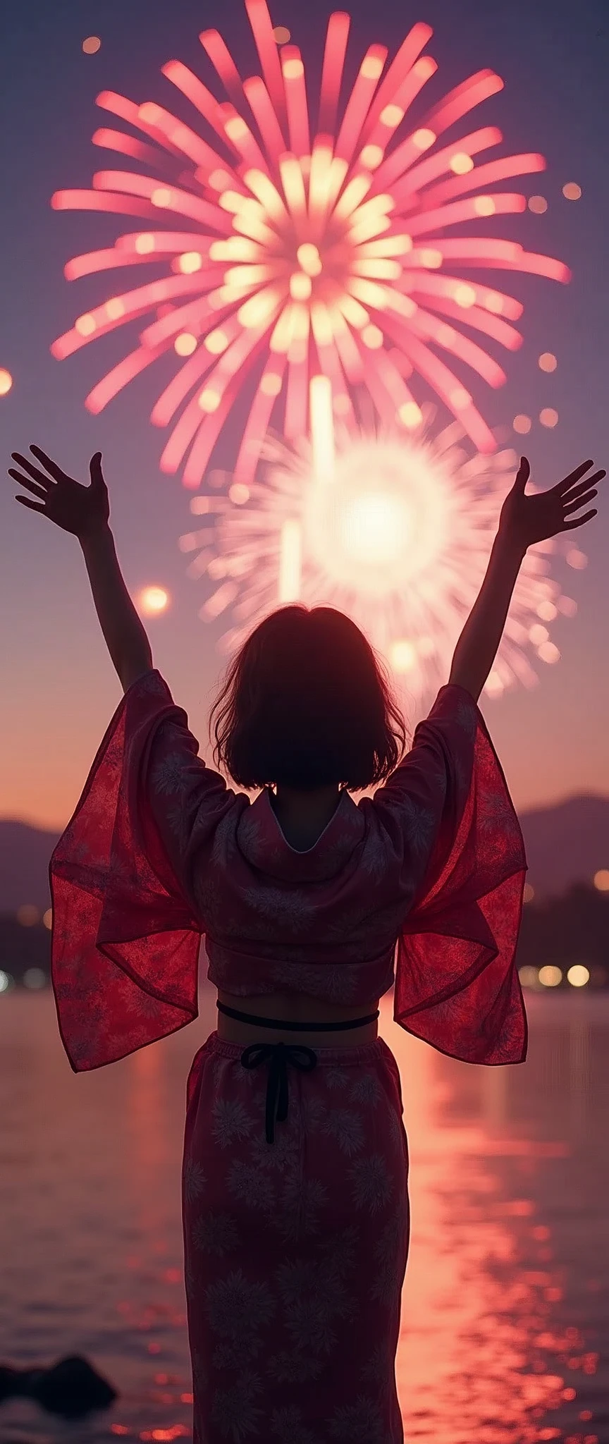 (masterpiece:1.2),(Highest quality),(Super detailed),(Ultra-high resolution),(Photorealistic),(RAW Photos:2.0),8k,wallpaper,(1 female:1.5),Girl in yukata,Japanese,Look up at the sky and watch the fireworks,Rear view,BREAK((Fireworks fill the night sky,beautiful Fireworks,Colorful fireworks)),(Beautiful night sky),(Happy expression:1.5),((From below)),(dynamic),Raise your arms,(Great hands)