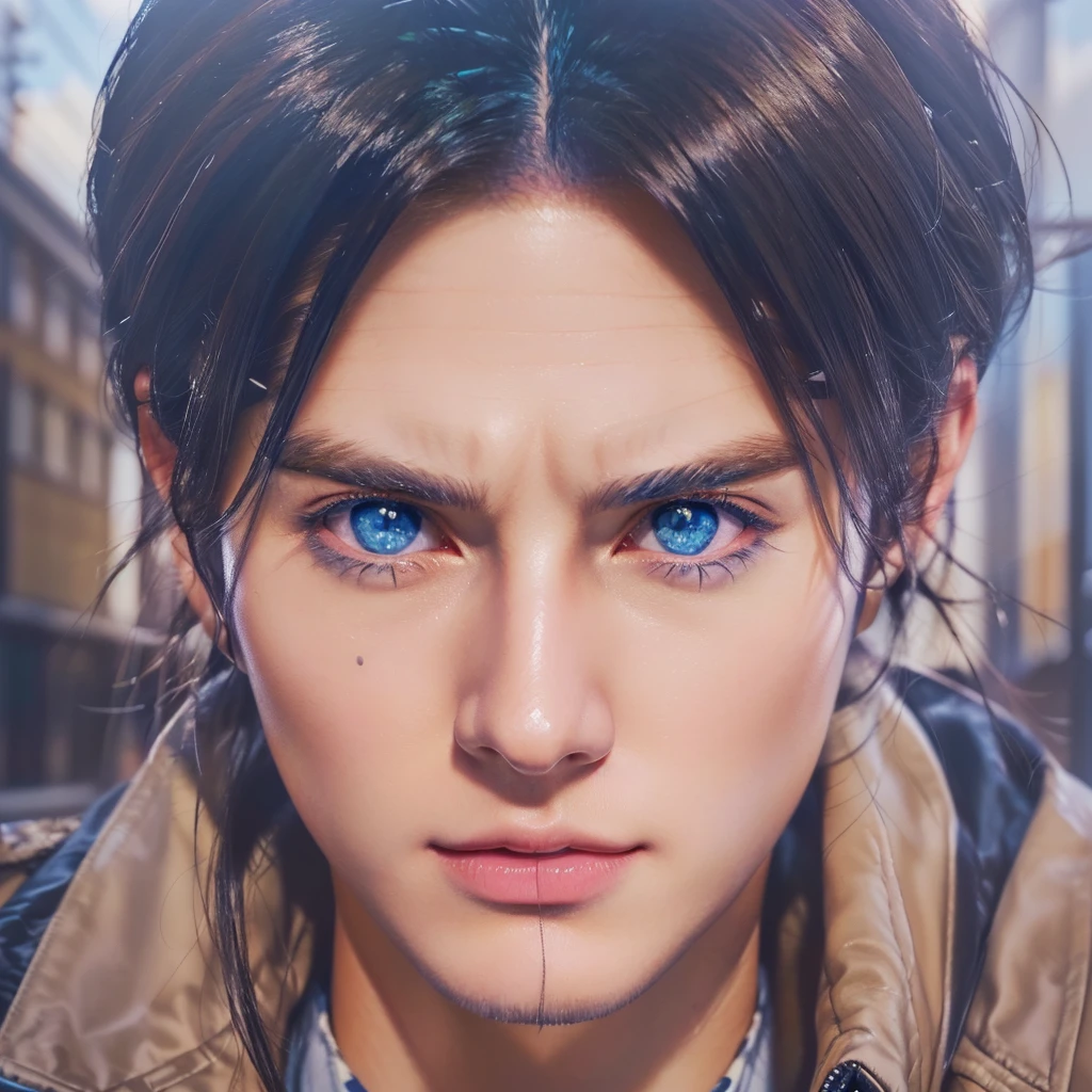 Close-up of a man in a jacket with blue eyes, portrait of Ellen Yeager, Ellen Yeager, hyper Realistic Anime, Realistic Anime artstyle, Ellen Yeager, Highly detailed facial anime, Anime realism style, Realistic Anime face, Realistic Anime 3 d style, Sunku, Realistic Anime art style, Levi Ackerman, Realistic Anime