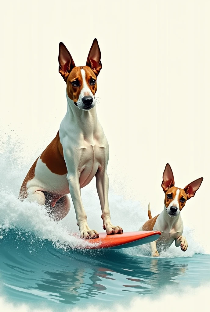 A realistic drawing of a white and brown doberman surfing next to a small pincher