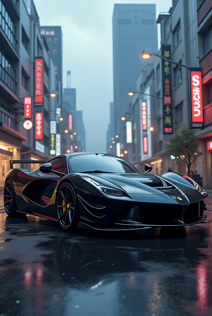 black colored ferrari car from a side angle anime style with a cloudy street Tokio Japan background 