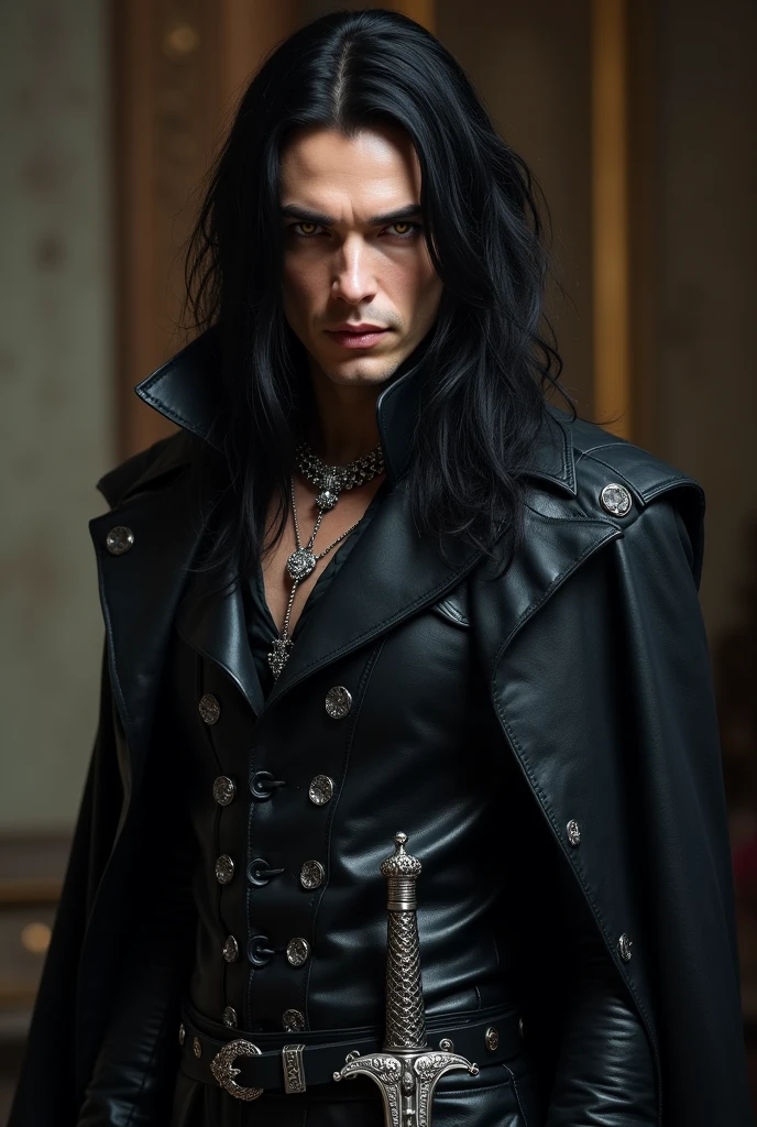 A male vampire, black and long hair, very elegant, dressed with a black leather coat with gothic style, a silvery chain shirt under it. On the leather, fine belt, hangs a finely decorated, silvery rapier. His expression is serious, his eyes golden and shiny.