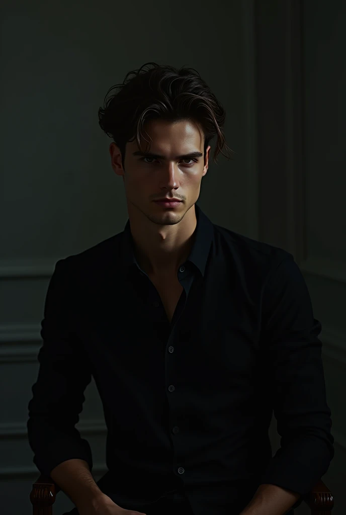 Un jeune homme mince et beau assis devant un miroir noir 