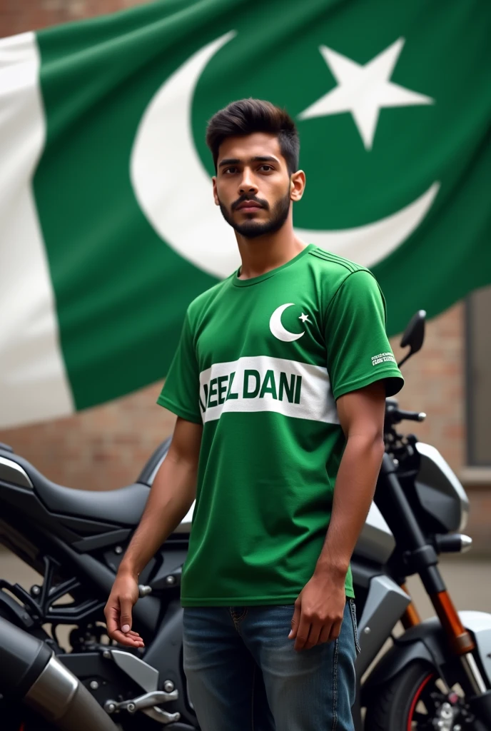 A 21 year old man standing in front of heavy bike and wearing Pakistan national flag shirt on which name "ADEEL DANI
"is printed ,and Pakistan national flag in his hand