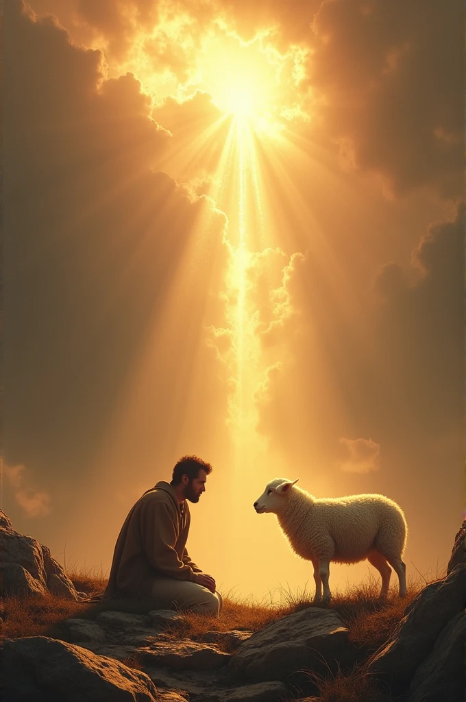 Create a picture of the heavens opening and God sending the Lamb to be sacrificed in Isaac's place