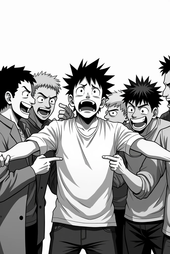 Create a man being teased by other people in black and white anime