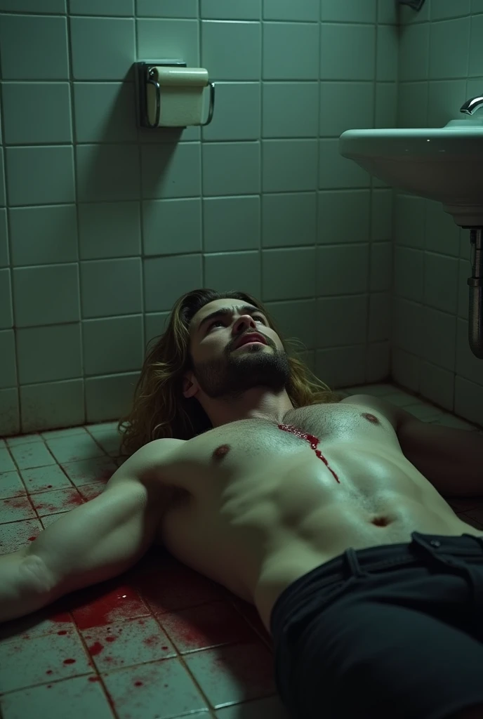 Homme jeune 30 aine charismatique blond cheveux longs, barbu mourrant avec du sang sur le ventre avachi sur le sol de la salle de bain
