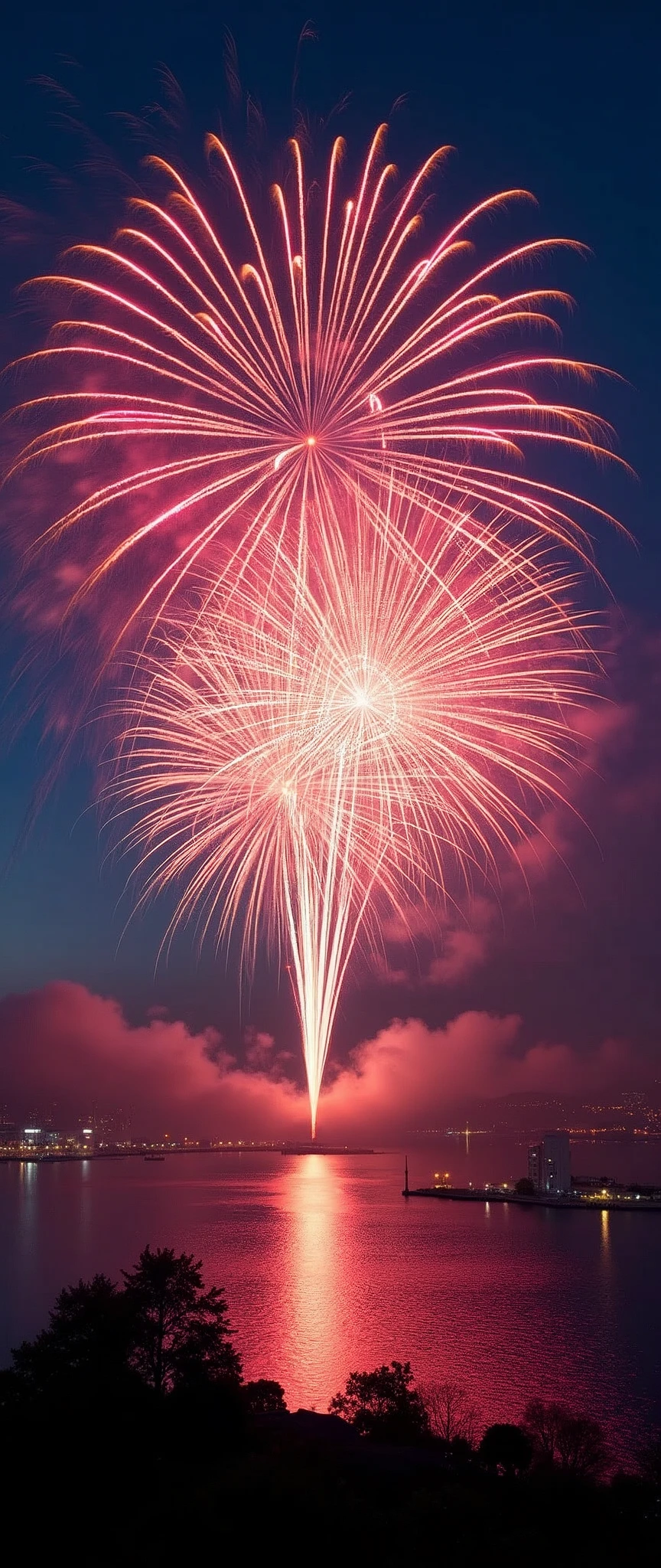 (masterpiece:1.2),(Highest quality),(Super detailed),(Ultra-high resolution),(Photorealistic),(RAW Photos),8k,wallpaper,Spectacular landscape photography,(Fireworks fill the night sky,beautiful Fireworks,Colorful fireworks),(Beautiful night sky),(dynamic)