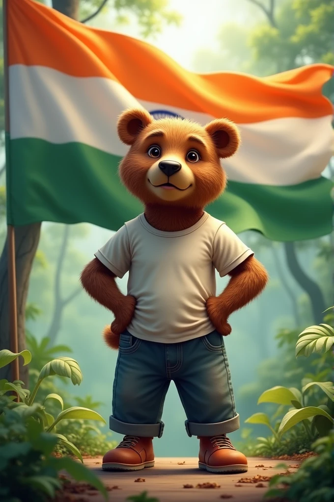 "A cute bear standing proudly, wearing a t-shirt and pants. Behind the bear, the Indian national flag (Tiranga) waves gracefully in the wind. The setting should evoke a sense of patriotism, with the Tiranga displayed clearly and vibrantly in the background."jungle