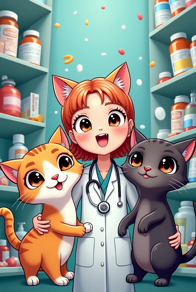 3 cartoon style cats cats with medical gown ,a white girl with brown eyes,another orange dark brown eyes ,another reddish color black eyes ,surrounded by drugs