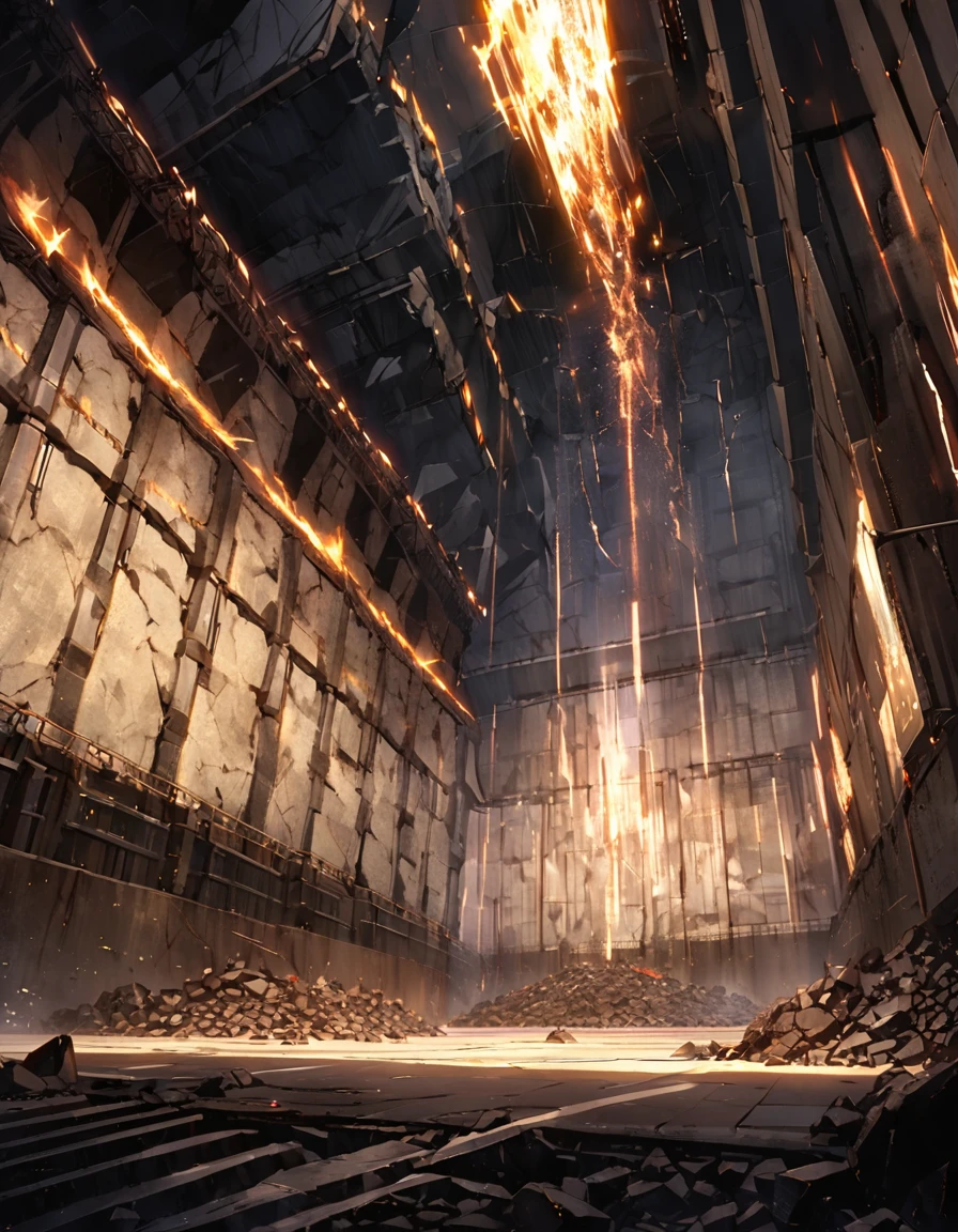 Depict the 13th-floor arena of Heaven's Arena, an elite fighting stage from Hunter x Hunter, designed for intense, high-stakes battles. The environment should exude a mix of grandeur and danger, reflecting the seriousness of the fight between Chrollo Lucilfer and Hisoka.

Arena Structure:

Floor: The floor is a vast, hexagonal metal grate, darkened from years of combat. The grid-like pattern of the floor is interspersed with small, flickering sparks of electricity, indicating that the floor itself is partially electrified—a hazard for the fighters. The surface is covered with debris: shattered pieces of stone, fragments of previous battles, and scattered playing cards from Hisoka's earlier moves. Some areas are dented or scorched, showing signs of heavy impact and fiery explosions.

Walls: The towering walls surrounding the arena are made of reinforced steel, with a dark, almost matte finish that absorbs the light. Large, vertical cracks and scorch marks run along the walls, remnants of Nen-based attacks. High up, digital screens are embedded into the walls, displaying real-time stats of the fighters, such as energy levels, damage taken, and countdown timers. Below the screens, metal pipes and conduits snake along the walls, some of them sparking or leaking steam, adding to the industrial atmosphere.

Ceiling and Lighting: The ceiling is high and distant, shrouded in darkness except for the powerful spotlights that hang from above. These spotlights are arranged in a circular pattern, beaming down intense, focused light that highlights the center of the arena while leaving the edges in shadow. The lights create sharp contrasts, making every movement and expression of the fighters more dramatic. Some of the spotlights flicker or swing slightly, as if affected by the ongoing battle.

Additional Details:

Crowd and Observation: Although not fully visible in the scene, hint at the presence of an audience by including the faint, distant outline of viewing platforms far ab