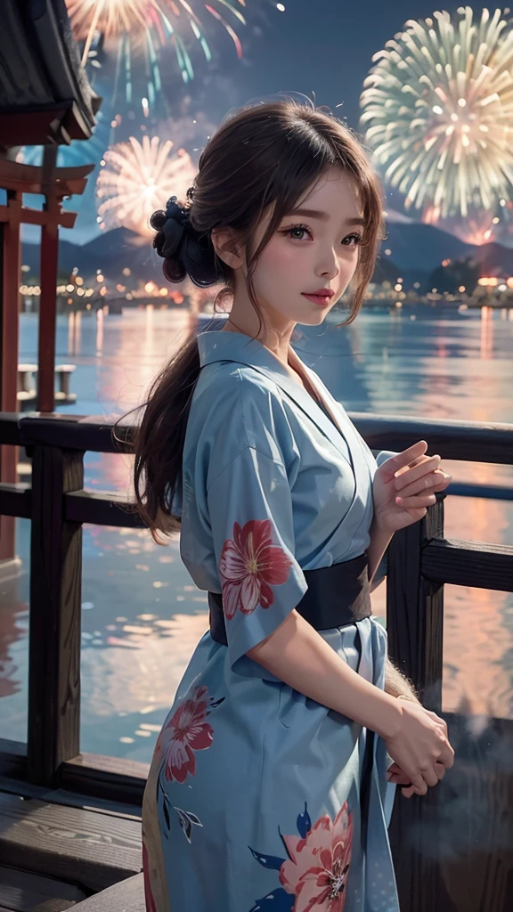 ((A realistic image of a girl watching a fireworks display at Miyajima)), The girl is facing the camera, The sky is filled with colorful fireworks, Fireworks are reflected on the water's surface, The girl is wearing a blue yukata with traditional patterns, Her hair is styled in an elegant updo, The theme colors of the scene are blue and pink, reflected in the yukata and fireworks, The angle includes a view of Itsukushima Shrine in the background, The aspect ratio is 9:16, The scene captures the festive atmosphere, with vibrant fireworks lighting up the night sky over the water