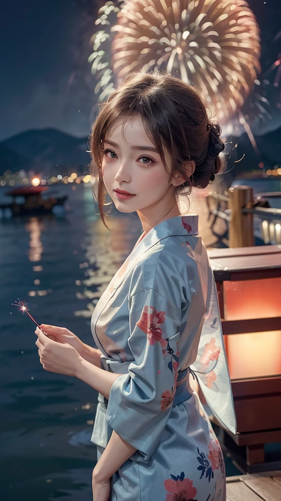 ((A realistic image of a girl watching a fireworks display at Miyajima)), The girl is facing the camera, The sky is filled with colorful fireworks, Fireworks are reflected on the water's surface, The girl is wearing a blue yukata with traditional patterns, Her hair is styled in an elegant updo, The theme colors of the scene are blue and pink, reflected in the yukata and fireworks, The angle includes a view of Itsukushima Shrine in the background, The aspect ratio is 9:16, The scene captures the festive atmosphere, with vibrant fireworks lighting up the night sky over the water