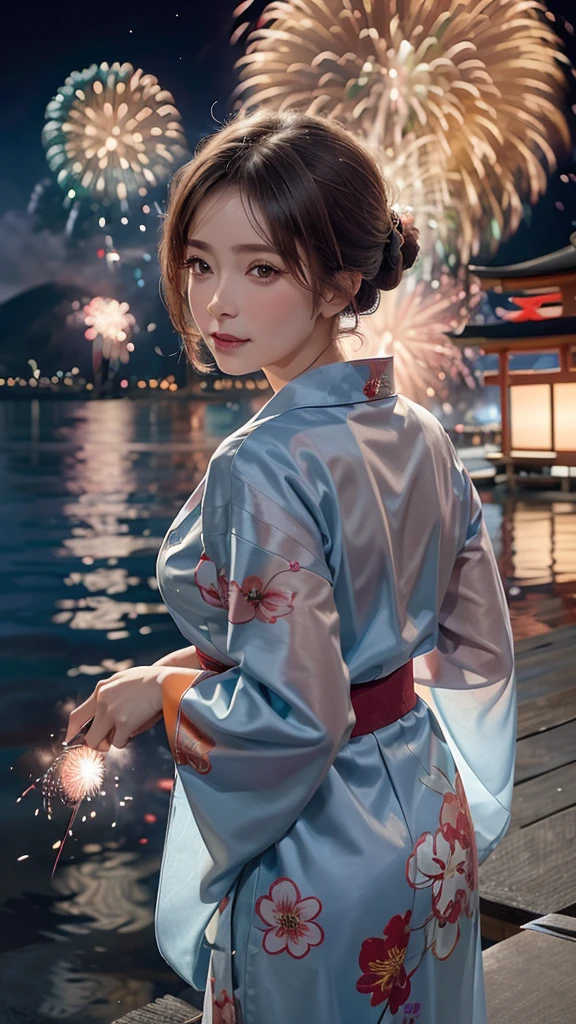 ((A realistic image of a girl watching a fireworks display at Miyajima)), The girl is facing the camera, The sky is filled with colorful fireworks, Fireworks are reflected on the water's surface, The girl is wearing a blue yukata with traditional patterns, Her hair is styled in an elegant updo, The theme colors of the scene are blue and pink, reflected in the yukata and fireworks, The angle includes a view of Itsukushima Shrine in the background, The aspect ratio is 9:16, The scene captures the festive atmosphere, with vibrant fireworks lighting up the night sky over the water