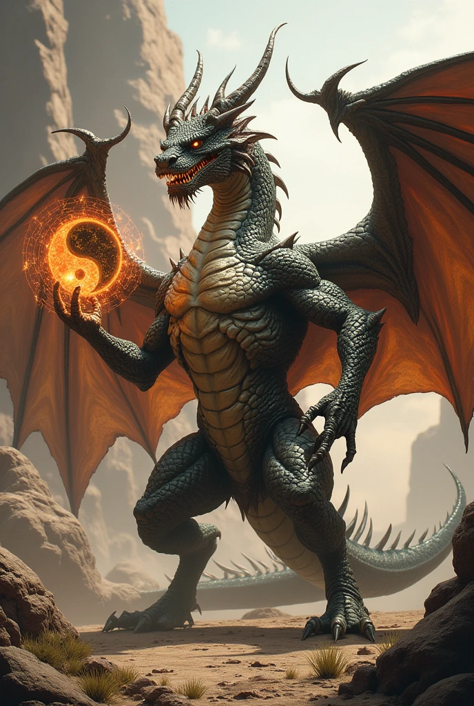 RPG, realistic muscular western dragon cast a yin yang spell