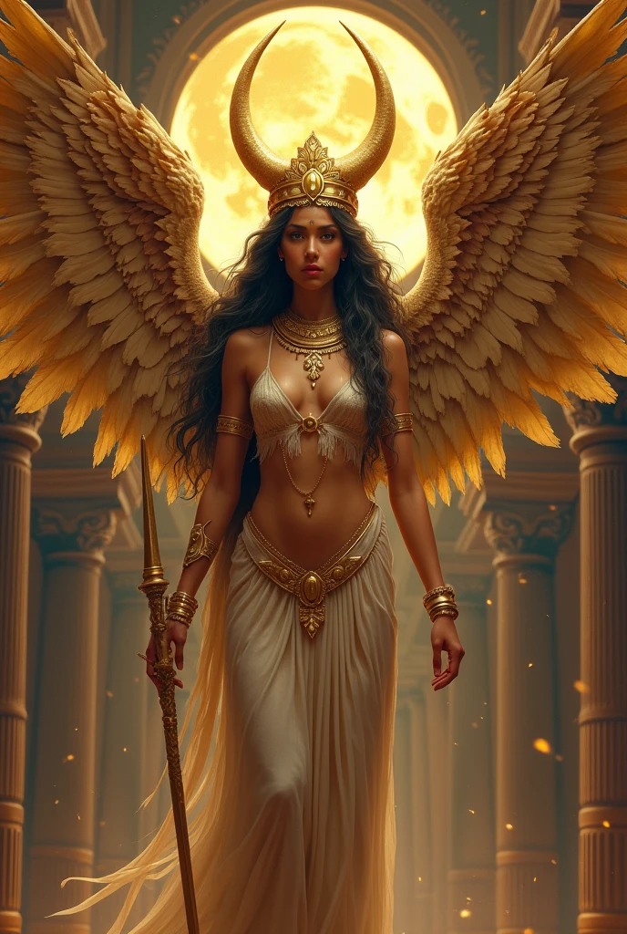 create a good quality image, with digital art, of the Sumerian goddess/Acadia innana, She is represented as a beautiful winged woman with perfect qualities, She is often seen naked, wearing nothing but his crown and some gold ornaments, Although, He could also be seen wearing armor.. She was usually shown with some of her symbols., like weapons, the eight-pointed star, warrior goddess, of fertility, beauty and love.