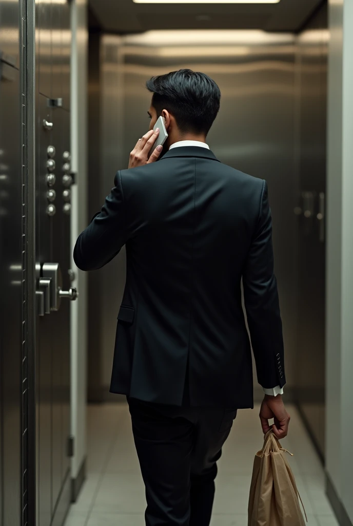 women, no man, black hair, straight-haired man in a smart black suit talking on the phone as he walks out of a bank vault with a bag of cash in his hand
