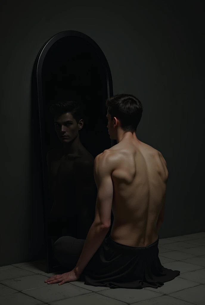 Un jeune homme mince et beau assis devant un miroir noir