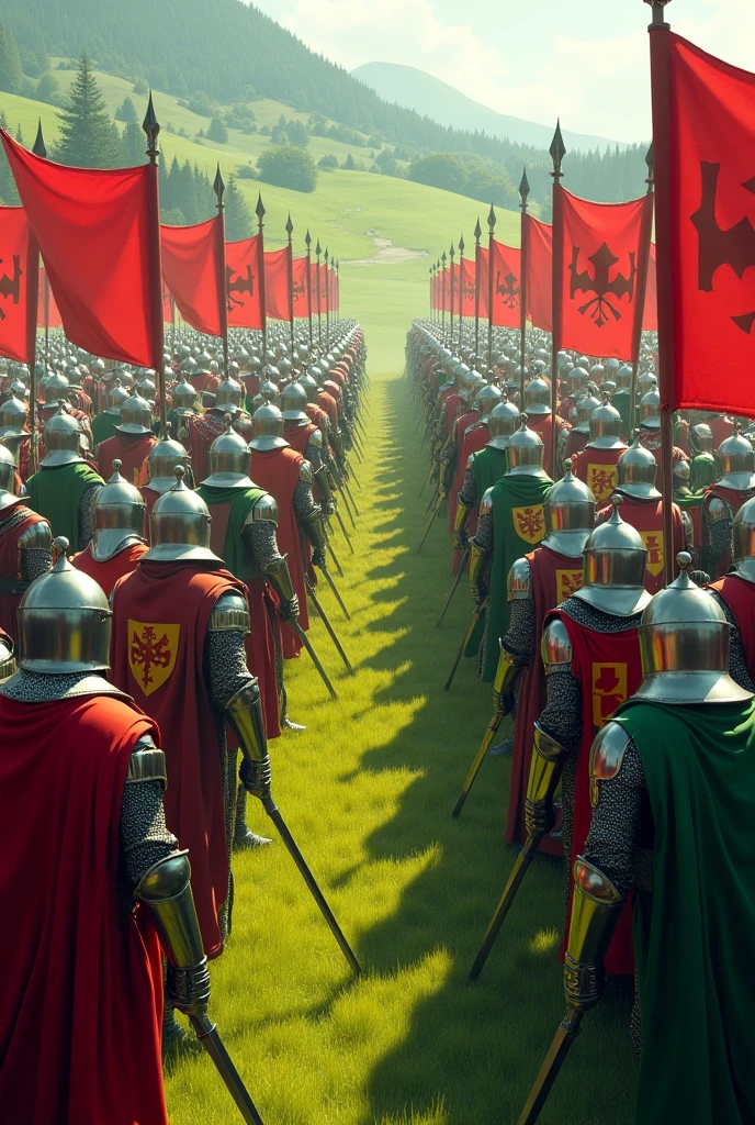 An army of knights dressed in red face knights dressed in green in an open field