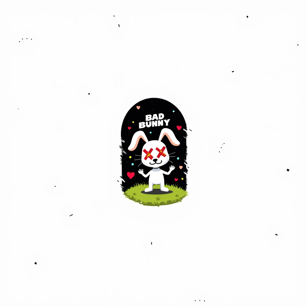 3D rabbit with tapes on eyes, Place a mischievous bunny character in the center of the composition on a textured, dark background. Surround the bunny with floating hearts and glitched lines, and integrate the text 'Bad Bunny' above the character in a bold, graffiti font