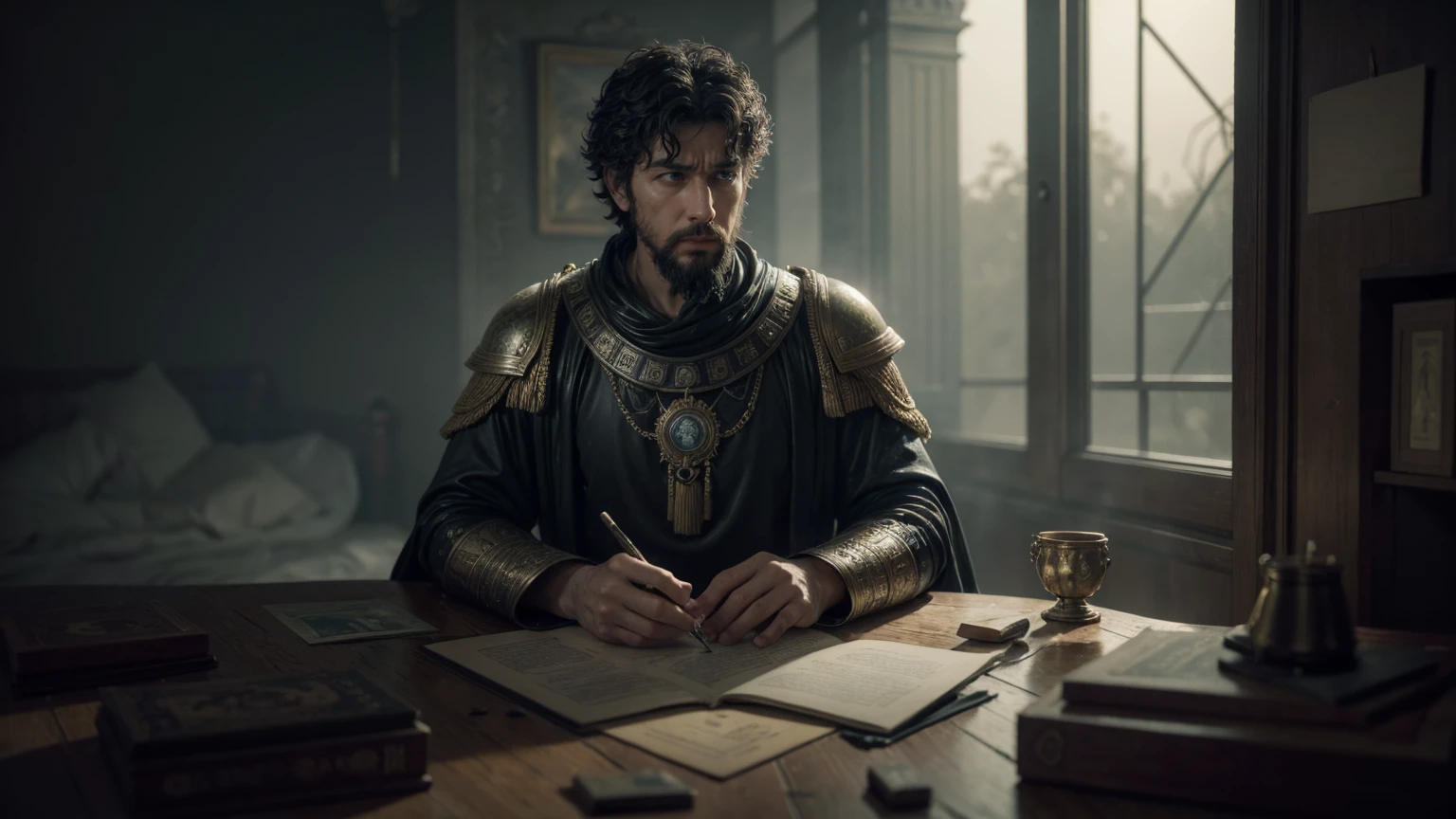 Marcus Aurelius: A statue or painting of Marcus Aurelius, one of the Stoic philosophers mentioned., perfect composition, beautiful detailed intricate insanely detailed octane render trending on artstation, 8 k artistic photography, photorealistic concept art, soft natural volumetric cinematic perfect light, chiaroscuro, award - winning photograph, masterpiece, oil on canvas, raphael, caravaggio, greg rutkowski, beeple, beksinski, giger