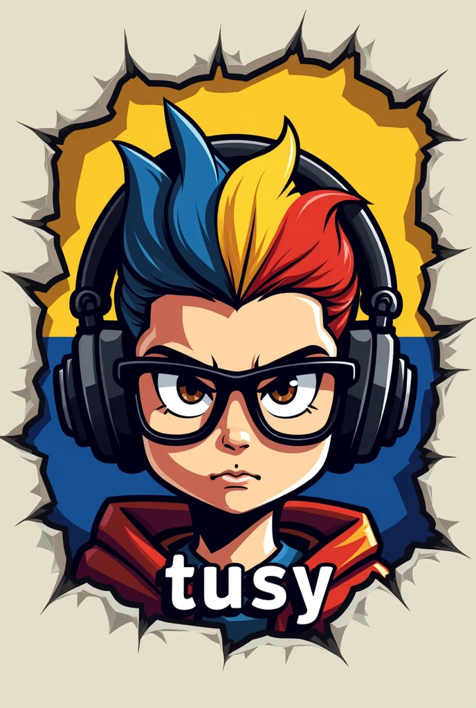 Create me a logo where the mascot is a boy with a serious expression, behind the Colombian flag that is torn, Brown eyes, yellow blue and red hair, black headphones, black glasses and underneath have the letters "tusy"