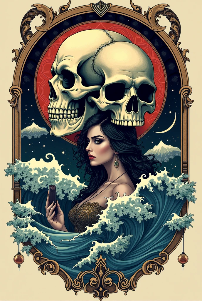 Create a logo for a band called Maresias with waves, skulls and women in an oriental grip