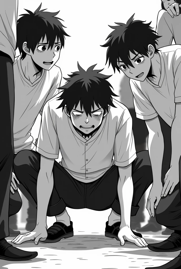 Create a man being teased by other people in black and white anime crouched on the ground crying