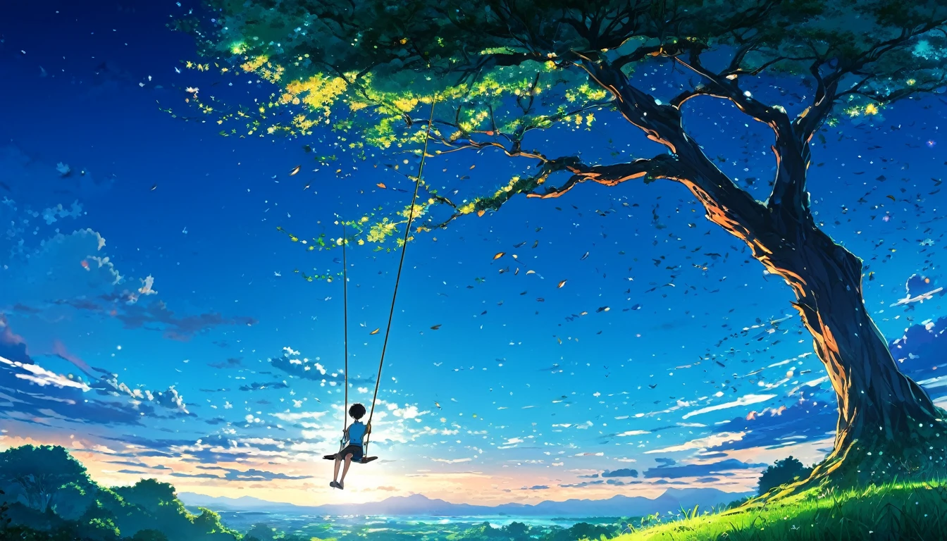 anime landscape of a boy on a swing on a tree, anime nature wallpaper, Beautiful anime scene, Anime Beautiful Peace Scene, makoto shinkai cyril rolando, Beautiful anime scenery, amazing wallpaper, anime art wallpaper 8K, animated background, animated background art, 4k anime wallpaper, anime art wallpaper 4k, anime art wallpaper 4k, swing on a tree