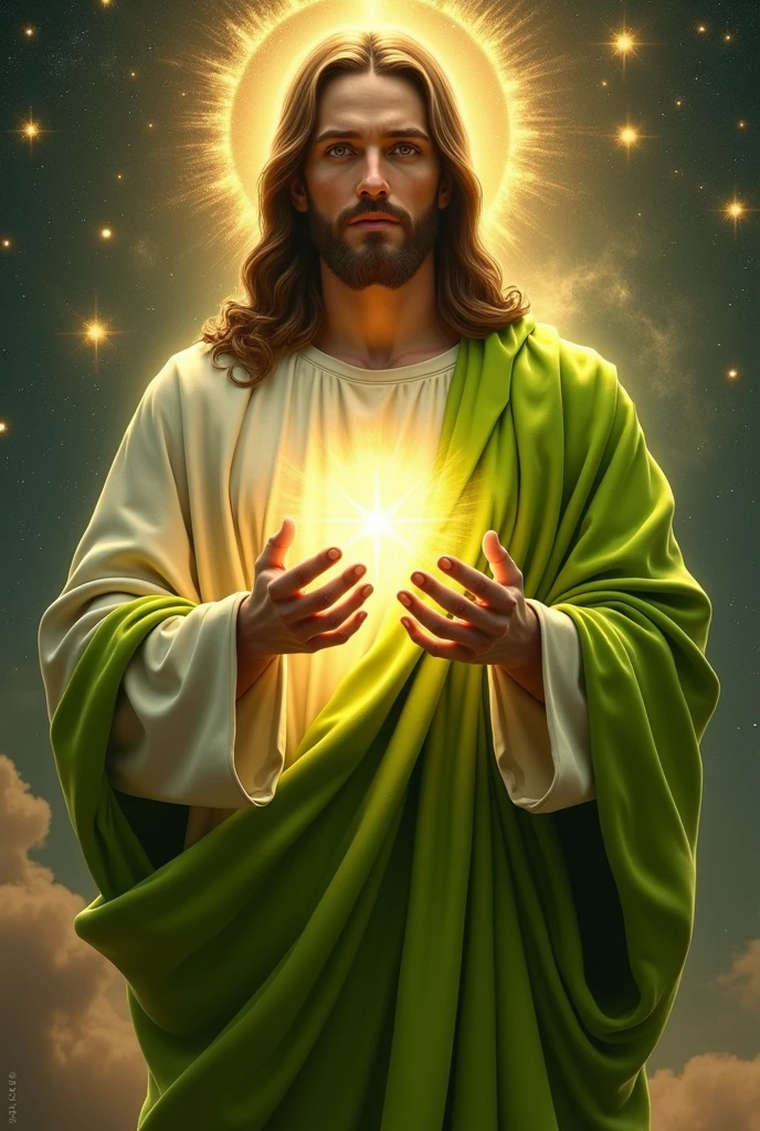 (photorealism:1.2), handsome Jesus Christ with tears in the galaxy, wearing lime king clothes with light in his head and heart spreading all over in the galaxy, perfect eyes tears, perfect Jesus Christ, real Jesus Christ, perfect five hands, perfect crying face, elegant, soft lighting, many stars, stand straight, realistic, intricate details, warm colors, by Earl Cornelio Necor