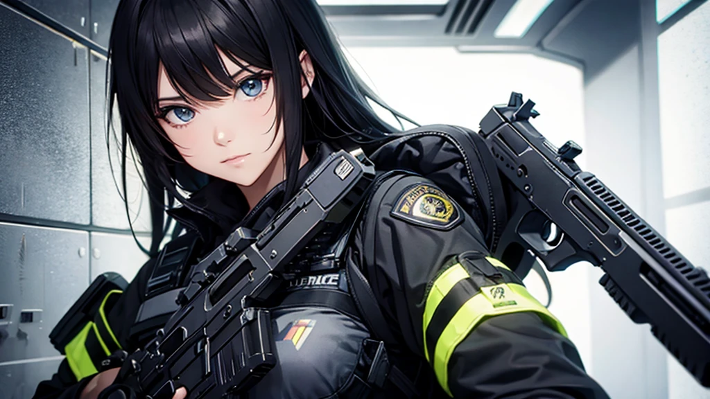 Ultra detailed, 4K, HD, FHD, Fantasy, detiled face, tactical vest, growing particle, anime girl, black hair, long hair, gun, , scifi, game spalsh art, police badge, full upper body shoot