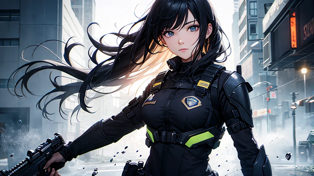 Ultra detailed, 4K, HD, FHD, Fantasy, detiled face, tactical vest, growing particle, anime girl, black hair, long hair, gun, , scifi, game spalsh art, police badge, full upper body shoot