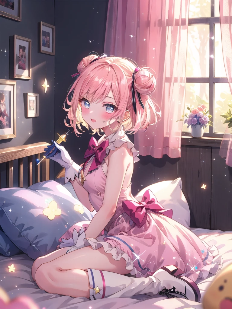 ((8k, Highest quality, masterpiece: 1.3)),Ultra-high resolution,(1 girl, alone), (Color changing eyes, Ultra-detailed, Expressive brilliance, Glitter, Glowing Eyes), Highly detailed eyes, Highly detailed face, Random Hair, ((pastel colour)),A joyful young woman with pastel peach-colored hair styled into twin buns, sitting on her bed surrounded by soft pillows and stuffed animals. The room is warmly lit by the morning sun streaming through sheer curtains, creating a cozy and inviting atmosphere. She is dressed in a magical girl cosplay, wearing a frilly pastel pink dress with a large bow on the back, matching gloves, and knee-high boots. The camera captures her from the front as she playfully poses with a star-tipped wand, her eyes sparkling with excitement. Around her, there are various anime figures and posters on the walls, emphasizing her love for the genre,(nsfw:1.1)