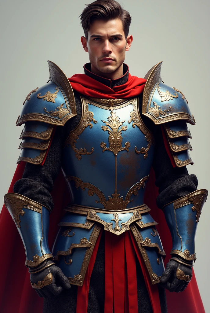 Young serious tall slim handsome dark brown hair with red blue armor Well-groomed hair