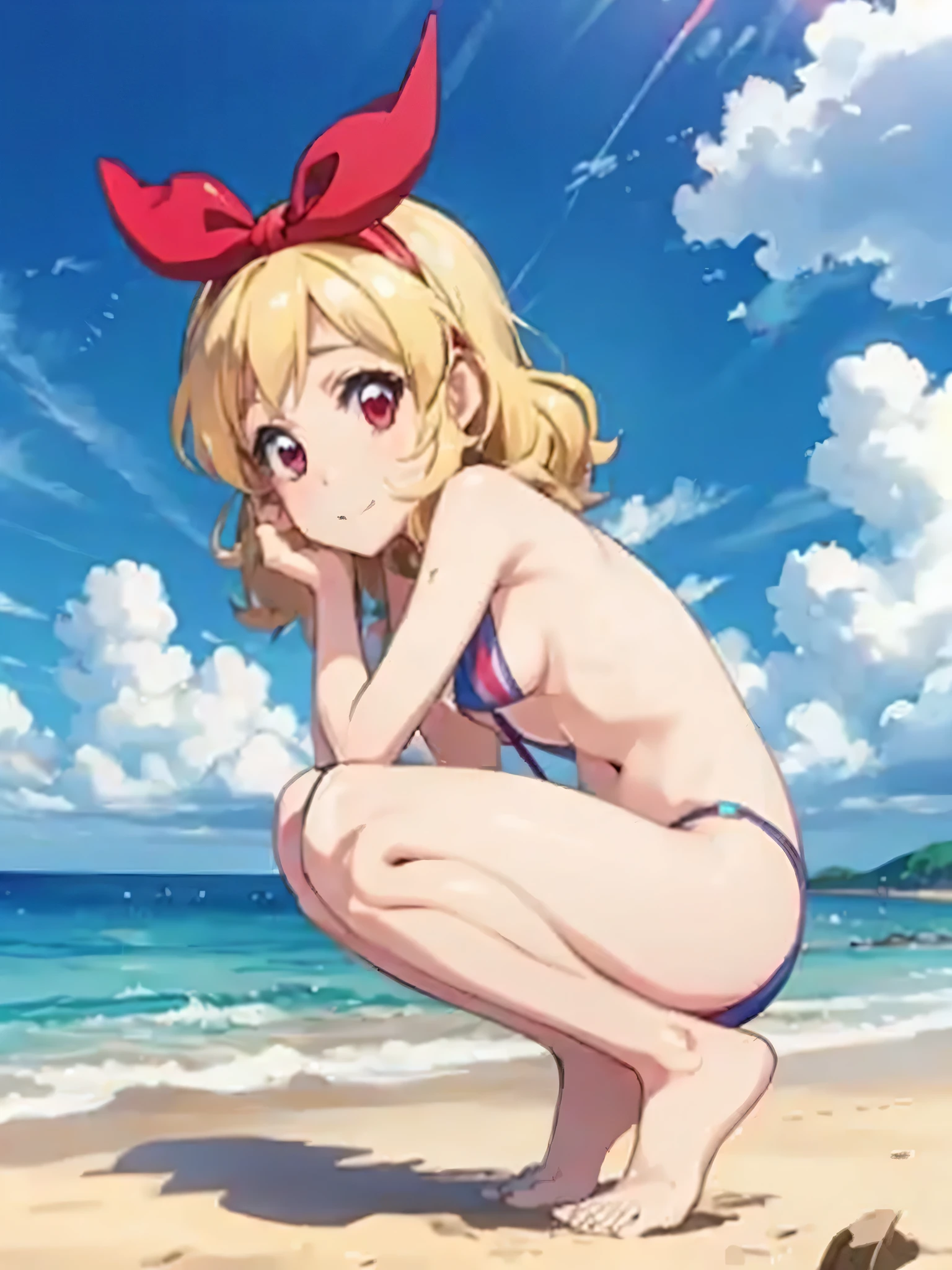 a female anime character has her tits out while in the ocean water, 1girl, sakurai momoka, squatting, blonde hair, swimsuit, solo, outdoors, RED eyes, navel, sky, barefoot, day, looking at viewer, beach, blush, cloud, loli, anus, blue sky, slingshot swimsuit, ocean, tiptoes, hairband, spread legs