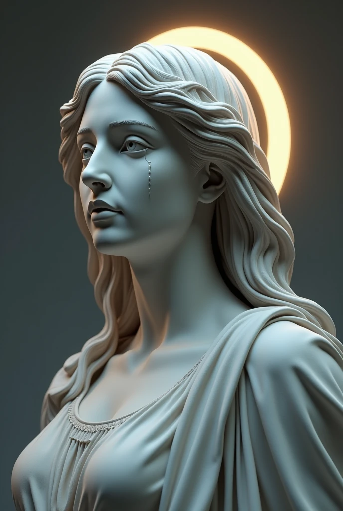 (photorealism:1.2)

A Greek-like statue of a modern day woman with long hair and a heavenly halo above her head. The background is a heavy gray color with soft lighting. A tear falling from her right eye.