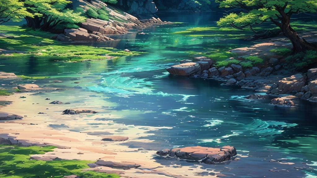 painting of a river with rocks and trees in the middle, andreas rocha style, amazing wallpaper, ross tran. scenic background, anime nature, the style of andreas rocha, anime nature wallpap, detailed scenery, beautiful wallpaper, anime landscape wallpaper, detailed 4 k painting, 8k high quality detailed art, high quality wallpaper, scenery artwork, beautiful detailed pixel art