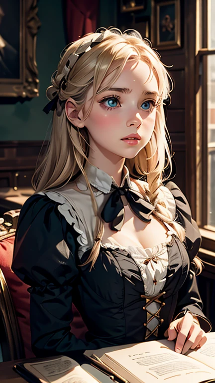 Create an image series featuring Cosette, Victor Hugo's novels「Les Misérables」Iconic characters of. Please show me her working at the Thenardier Inn., Expressing various emotions, including fear, Hope and joy. Please capture her innocence and strength of character.