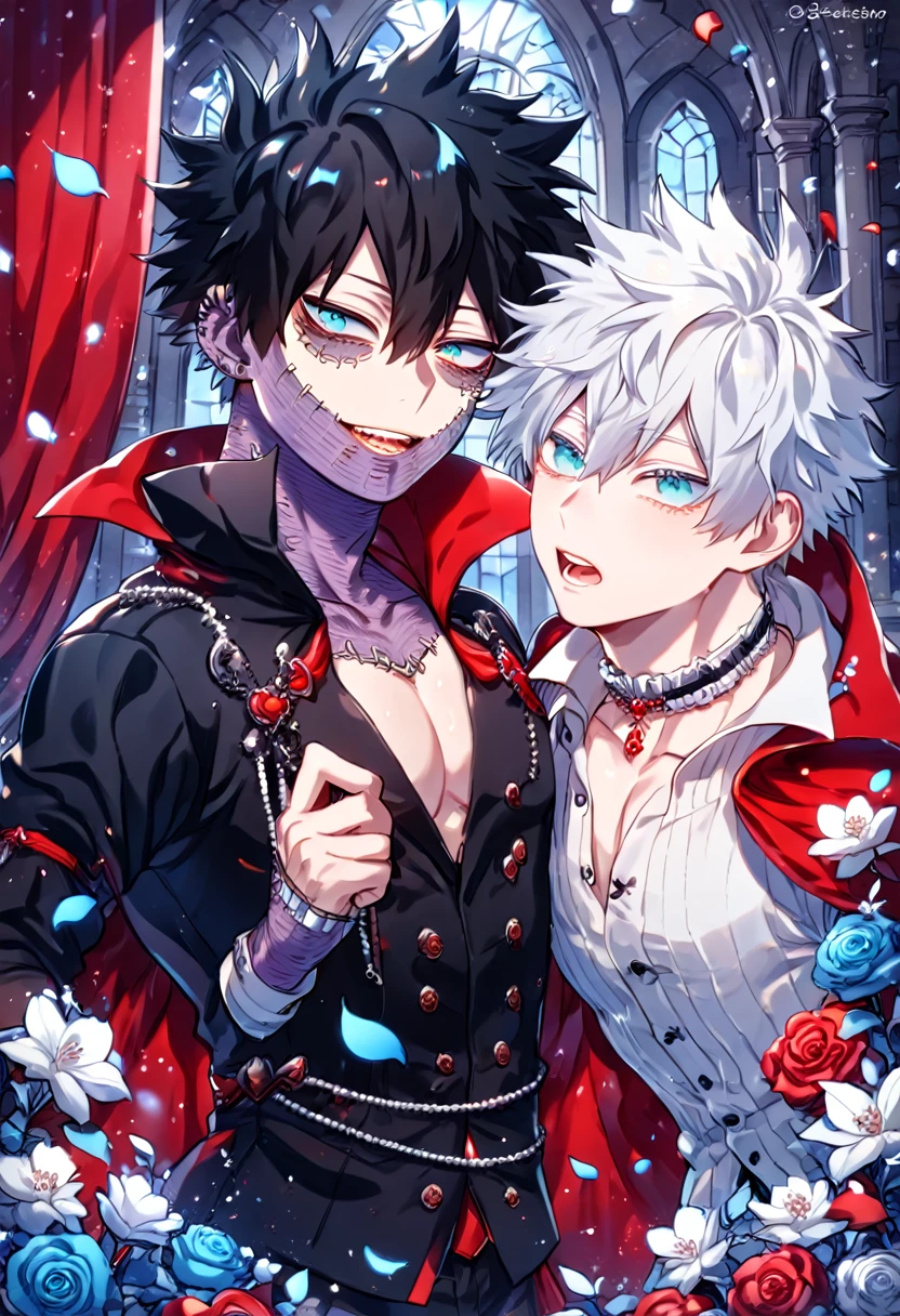 absurdres, highres, ultra detailed, HDR, master piece, best quality, extremely detailed face, delicated features, Dabi, black hair, expressive turquoise eyes, Boku No Hero Academia, Gojou Satoru, white hair, expressive blue eyes, white eyelashes, two sexy men together, yaoi, gay couple, handsome, manly man, vampire clothes, vampires, accessories, red cape, fantasy, magical, inside a castle, night, petals, flowers, curtains, luxurious 