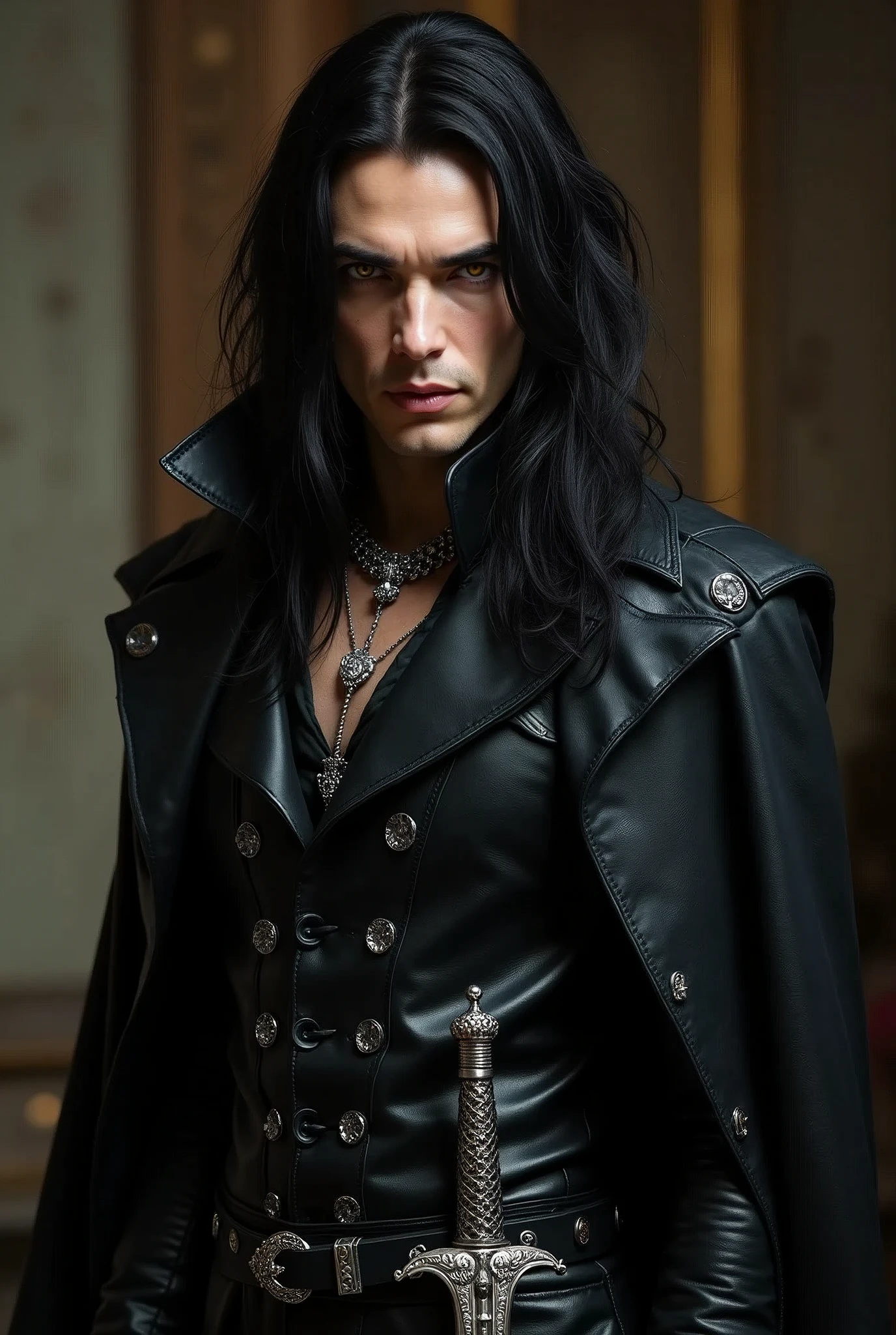 A male vampire, black and long hair, very elegant, dressed with a black leather coat with gothic style, a silvery chain shirt under it. On the leather, fine belt, hangs a finely decorated, silvery rapier. His expression is serious, his eyes golden and shiny.