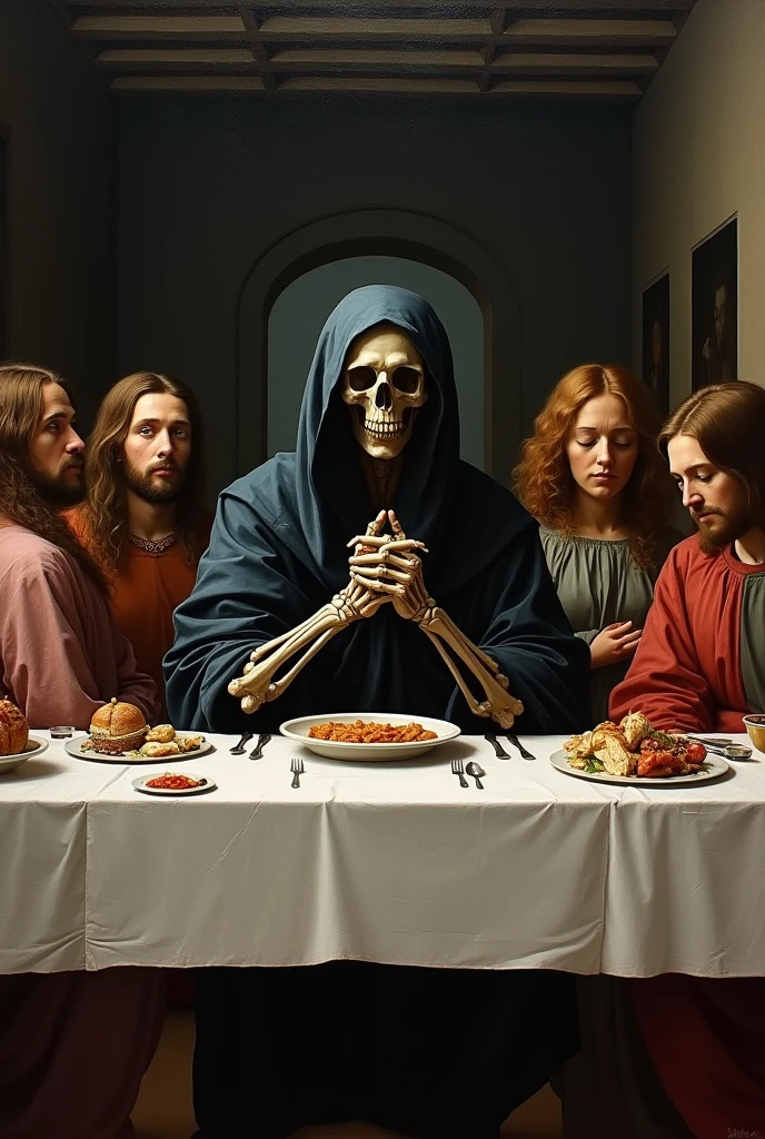 Michelangelo&#39;s Last Supper, but with death sitting in place of Jesus, make it the same as the original painting