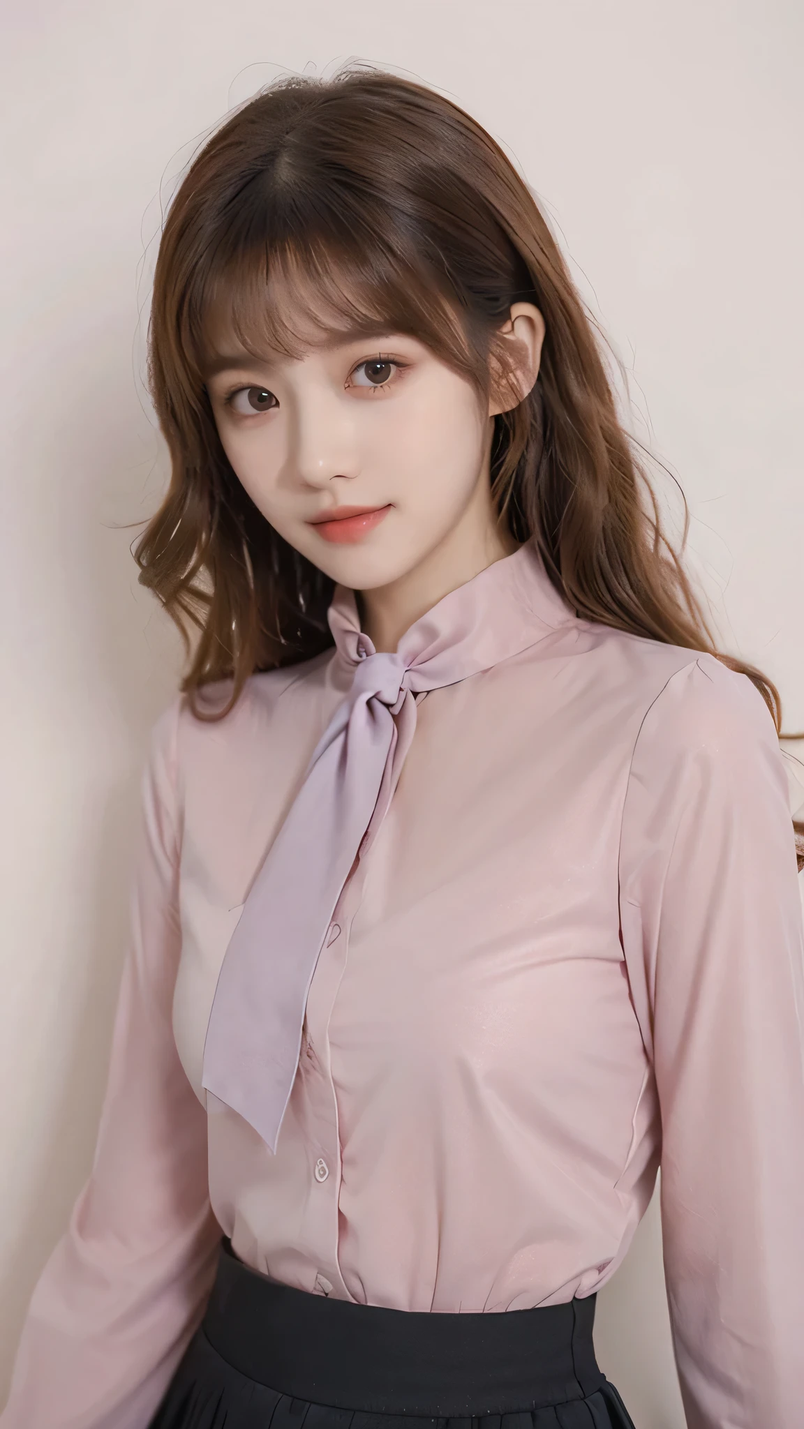 detailed background, masterpiece, best quality, 1 person , curly hair, long hair, purple eyes, star in eye , pink blouse, long skirt,pink, ,pink blouse , beautiful bow, detailed bow,