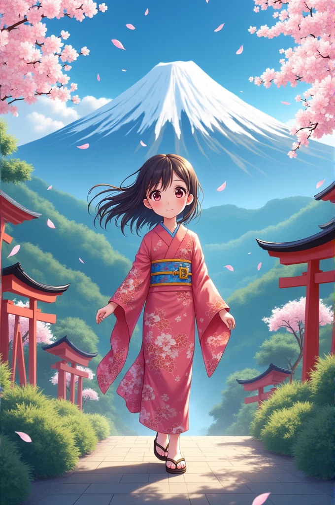 An anime girl standing in front of a Japanese landscape