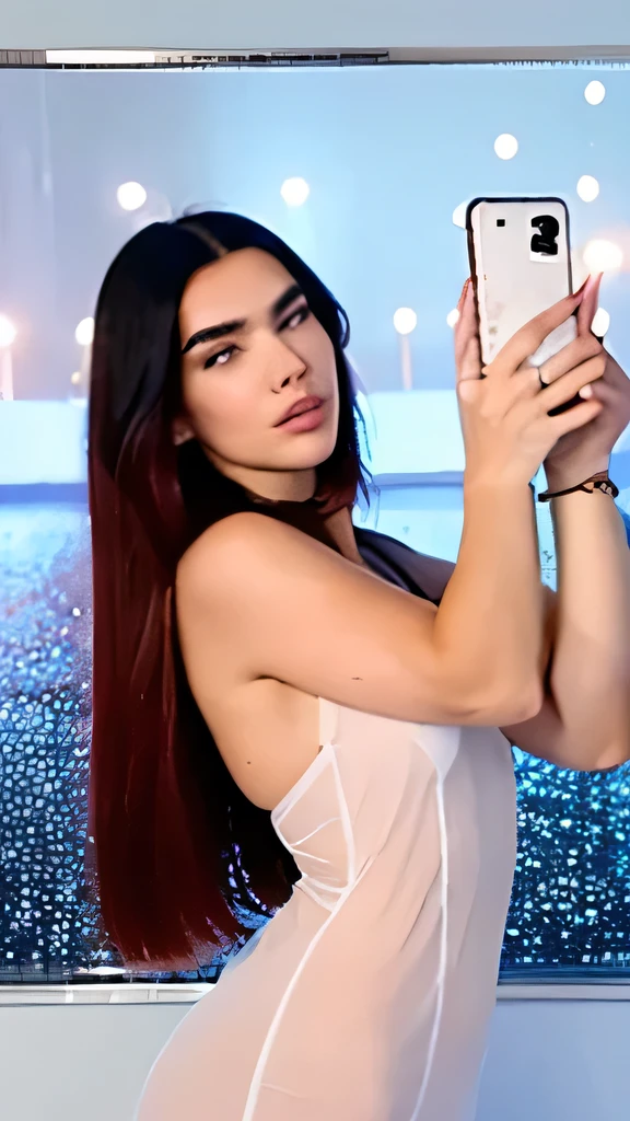 Long straight cherry red hair from the hair roots of a young adult woman Dua Lipa selfie photo frame wearing a transparent dress with shells and starfish with white glitter , ultra high quality 8K