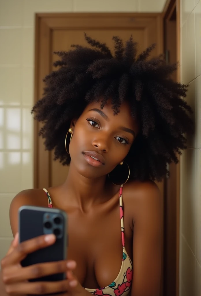 "Image ultra réaliste d'une belle jeune afro-camerounaise de 19 ans, ,Écorces de caramel, corps parfait, Prendre un selfie dans la salle de bain avec son iPhone 14, maigre, taille ultra-fine, cheveux noirs, Cheveux courts bouclés africains , yeux gris perçants.hyper réaliste,anatomie correcte,Les traits du visage sont soigneusement représentés,boucles gratuites, cheveux noirs bouclés, (court, des cheveux noirs bouclés), Longs cheveux noirs sauvages bouclés et longs, cheveux multiversaux, court, des cheveux noirs bouclés, cheveux noirs bouclés, boucles, cheveux ondulés étalés, boucles baroques, boucles, Bouclé,Texture des cheveux, Bouclé bang