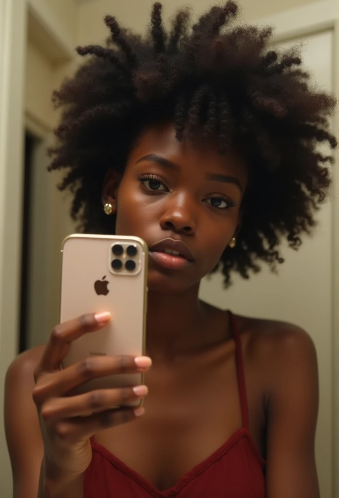 "Image ultra réaliste d'une belle jeune afro-camerounaise de 19 ans, ,Écorces de caramel, corps parfait, Prendre un selfie dans la salle de bain avec son iPhone 14, maigre, taille ultra-fine, cheveux noirs, Cheveux courts bouclés africains , yeux gris perçants.hyper réaliste,anatomie correcte,Les traits du visage sont soigneusement représentés,boucles gratuites, cheveux noirs bouclés, (court, des cheveux noirs bouclés), Longs cheveux noirs sauvages bouclés et longs, cheveux multiversaux, court, des cheveux noirs bouclés, cheveux noirs bouclés, boucles, cheveux ondulés étalés, boucles baroques, boucles, Bouclé,Texture des cheveux, Bouclé bang