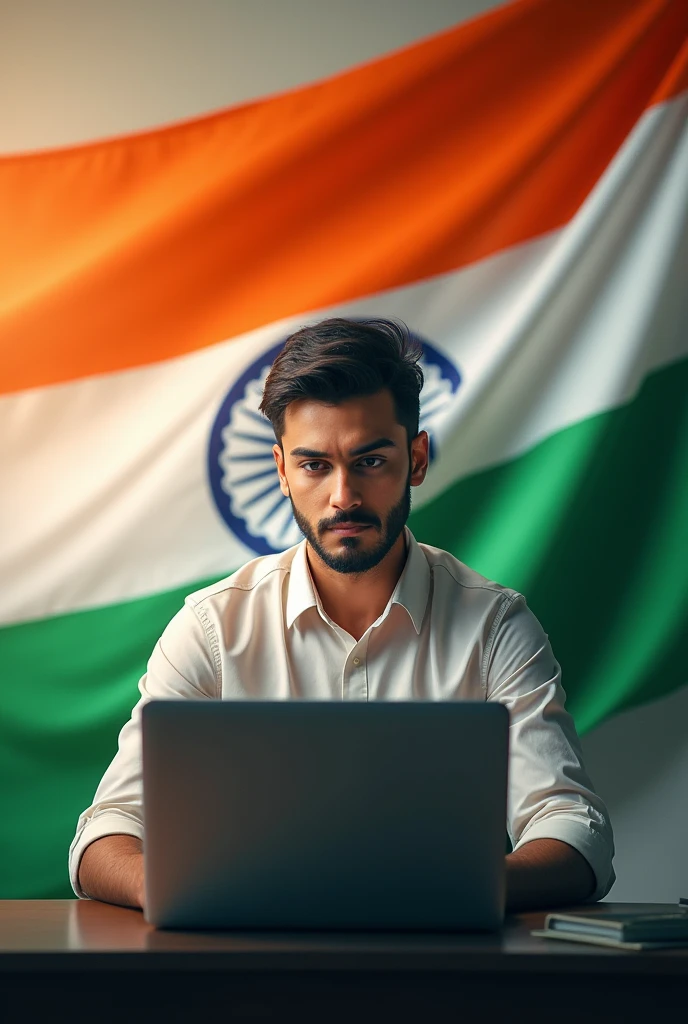 HAR GHAR INVESTOR Quote WITH INDIAN FLAG AND ONE PERSON WITH LAPTOP WATCHING STOCKS CHART