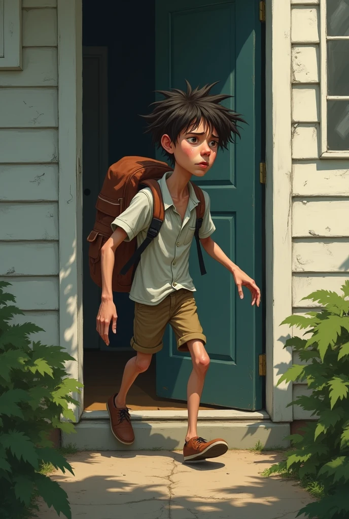 Skinny and tall boy, with an awkward backpack on his back and a hurried expression, run out of the house. His hair is messy and his shirt is a little disheveled..