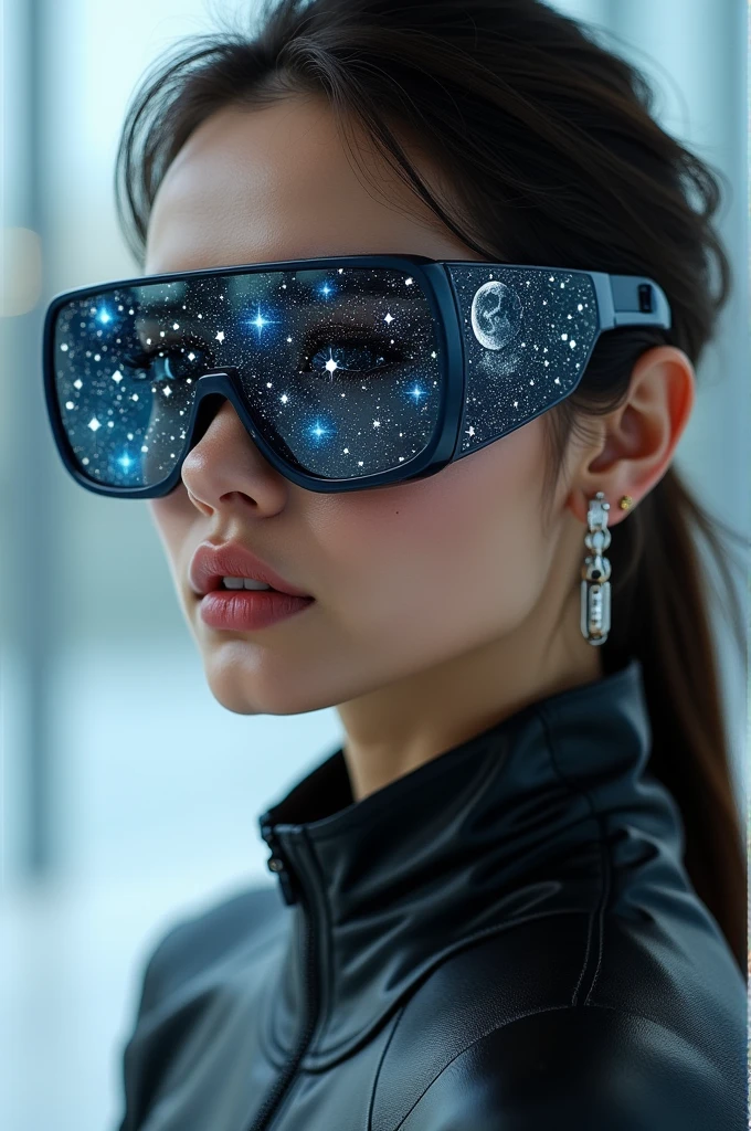 The model is wearing glass sunglasses with stars and the moon on the glass