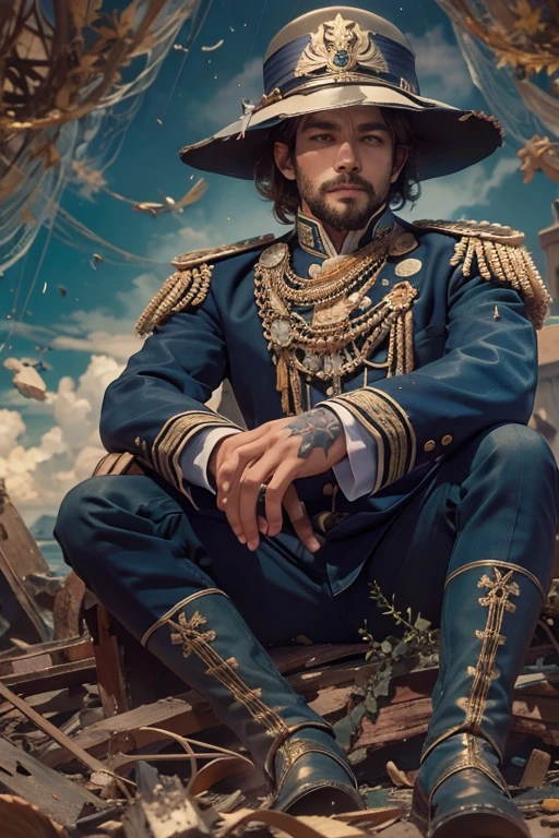 In the middle of the debris where countless ships were wrecked in the sea, A man in his thirties, wearing a gold-embroidered uniform on a blue background and a long-brimmed hat, sits on debris and smokes a cigarette. He is handsome.. have a muscular body. It's raining. He is holding a lighter in his other hand that doesn't light properly.. Cigarette smoke hangs around.. Exhausted face