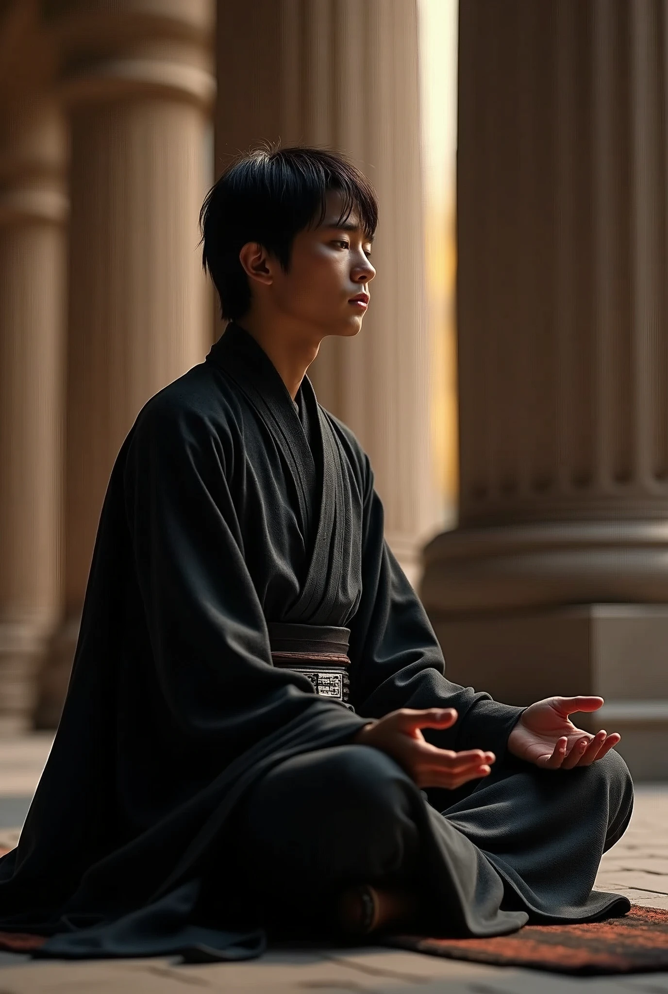 Asian man like anakin skywalker, sitting in the jedi temple, meditating with a sad expression, realistic, uhd, shadows efects realistic, hands realistic, dress like darth vader (full detailed), vfx, sad expression, (very beautiful graphics, CG), highest quality, masterpiece, dof, artistic lighting, rimlight, 4K, RAW, best quality,extremely detailed eyes